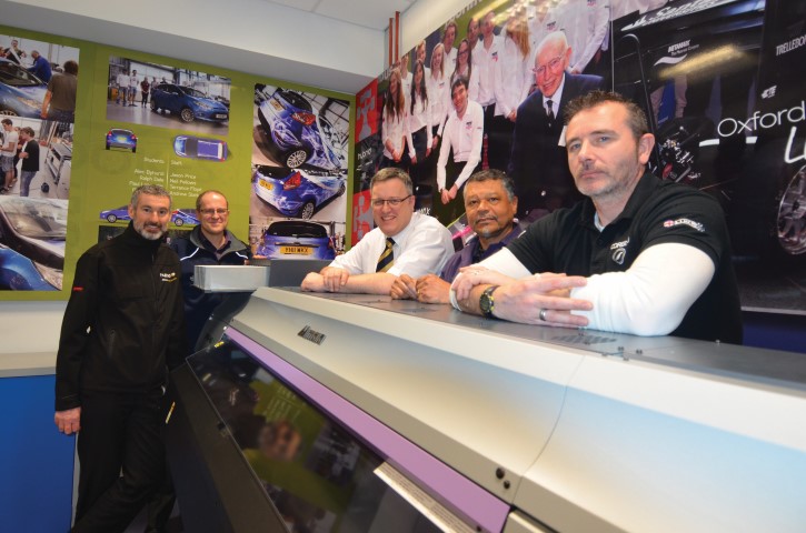 In the Mimaki Vehicle Wrap Lab (from L to R): Malcolm Evans - Hybrid Services, Dr Neil Fellows - Oxford Brookes University, Prof Gareth Neighbour - Oxford Brookes University, Terrance Floyd - Oxford Brookes University and Jason Price - Corbeau Studio.